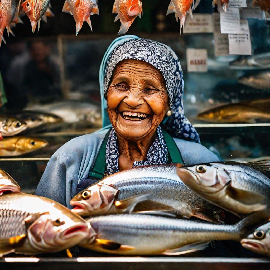 Продавец рыбы смеется