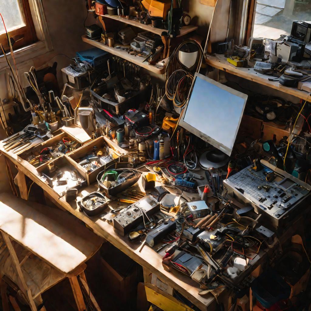 Вид сверху на беспорядочный рабочий стол, заваленный инструментами, проводами, электроникой и незаконченными гаджетами.