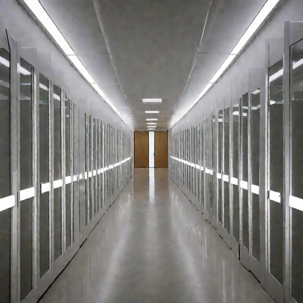 Вид коридора офиса сверху с рядами дверей