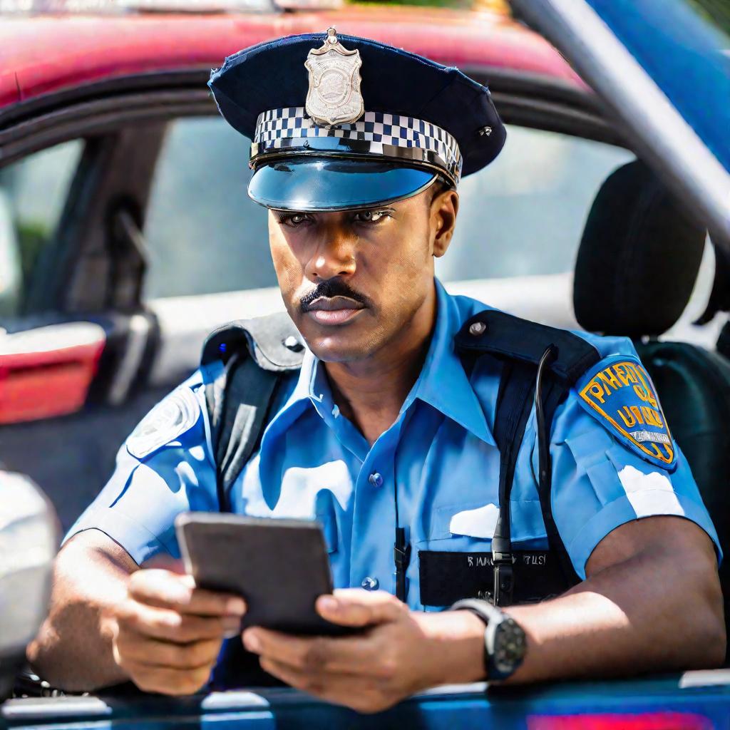 Крупный план портрета сосредоточенного мужчины-инспектора дорожной полиции, выписывающего штраф во время дорожного патрулирования в солнечный день. Он одет в аккуратную полицейскую форму и фуражку, сидит в патрульной машине с мигающими синими и красными о