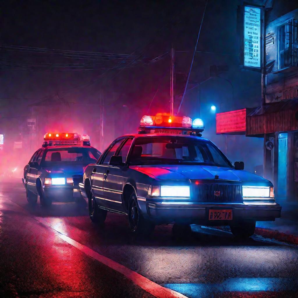 Драматичный ночной городской пейзаж с яркими неоновыми вывесками и уличными фонарями. Полицейская машина с мигающими огнями припаркована на обочине оживленной дороги. Красные и синие огни ярко выделяются на фоне темноты, создавая таинственное, мрачное нас