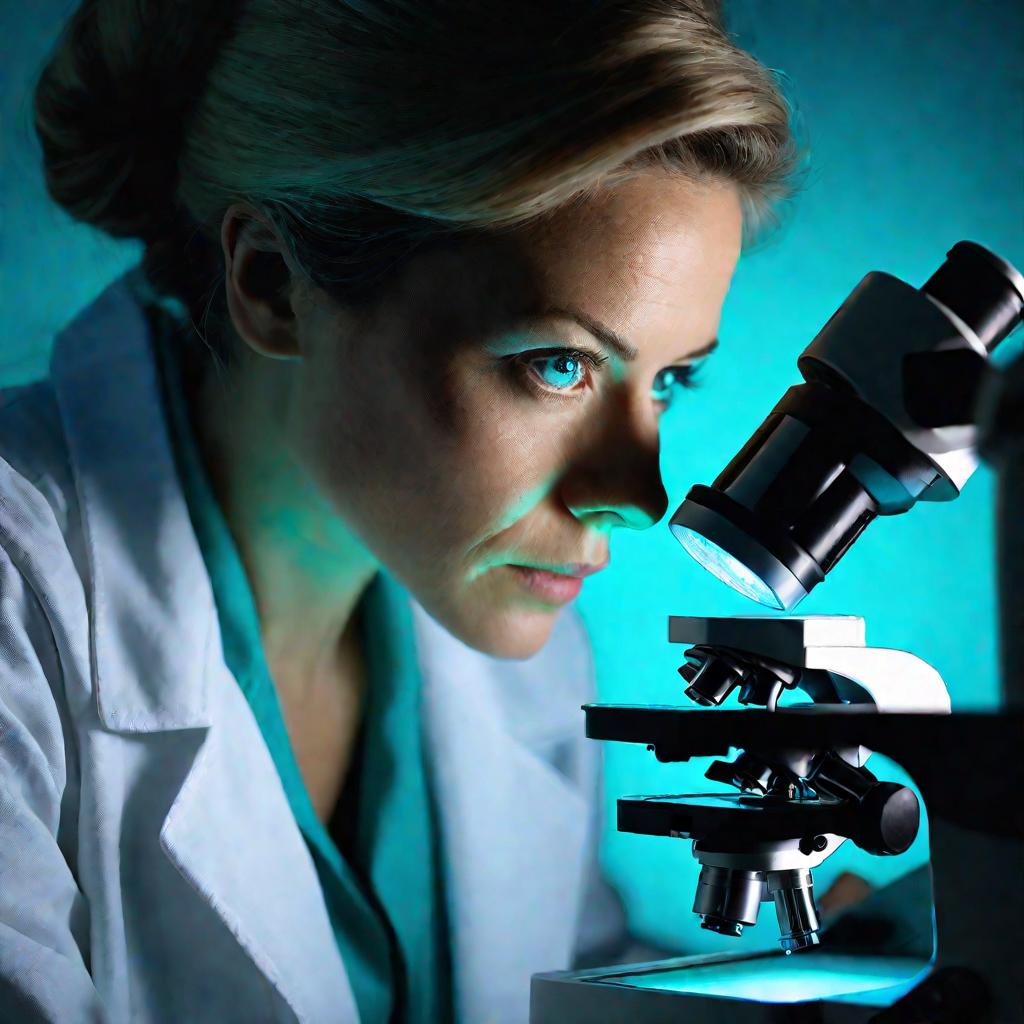 Портрет женщины-ученого, рассматривающей образец под микроскопом.