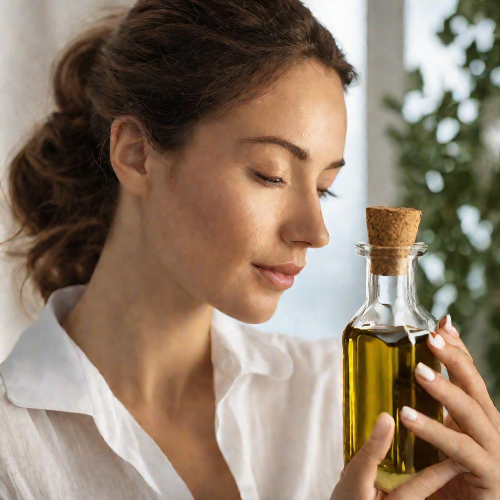 Женщина нюхает бутылку оливкового масла