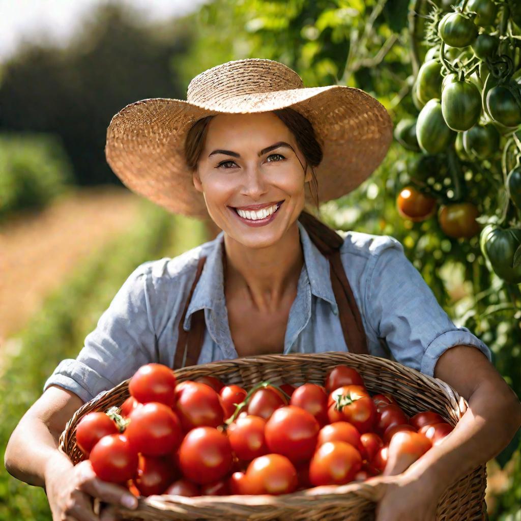Портрет улыбающейся фермерши с корзиной спелых помидоров