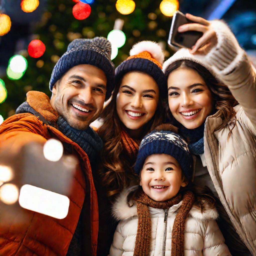 Семья фотографируется на фоне новогоднего оформления