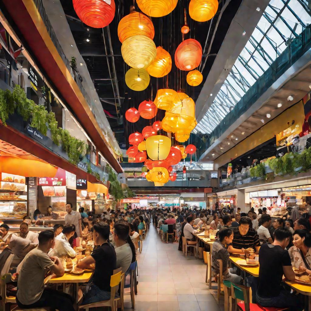 Вид на многолюдный фуд-корт в торговом центре с разными кухнями мира.