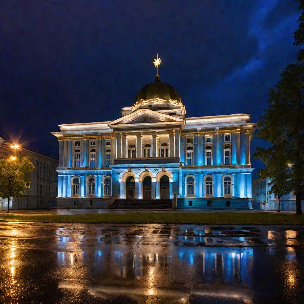 Здание Академгородка Новосибирска в синий час