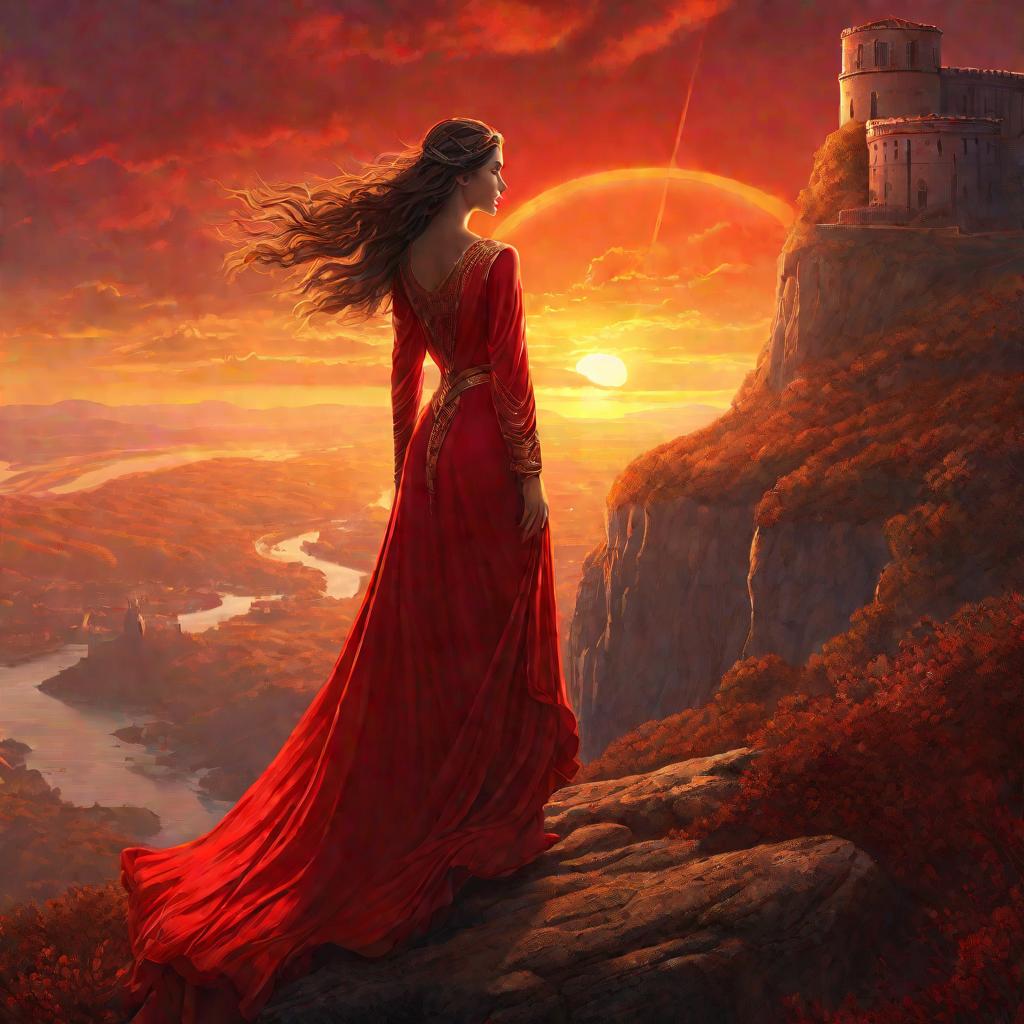 Девушка в красном платье на фоне мистического королевства