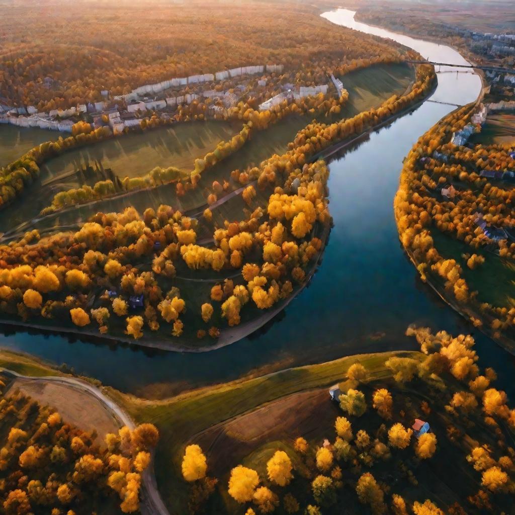 Вид с дрона на пейзаж Саратовской области осенью.