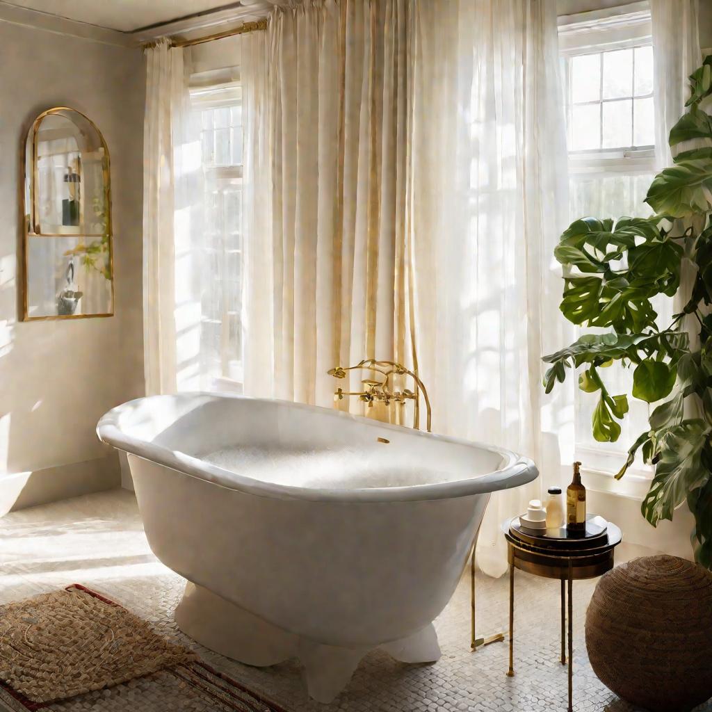 Женщина расслабляется в ванне с лапами, наполненной пузырьками, глаза закрыты, голова покоится на сложенном полотенце.