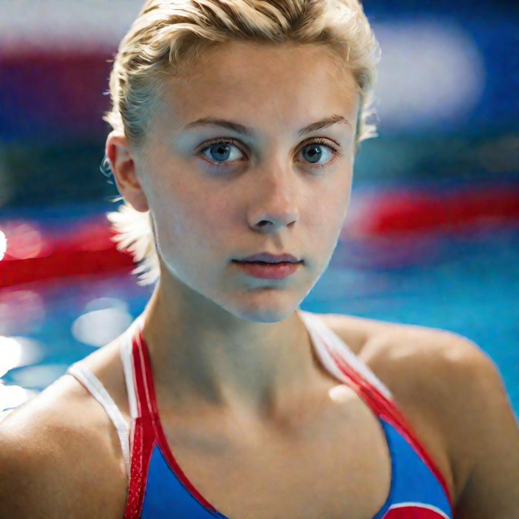 Портретный крупный план Светланы Бондаренко в юности в купальнике сборной России.