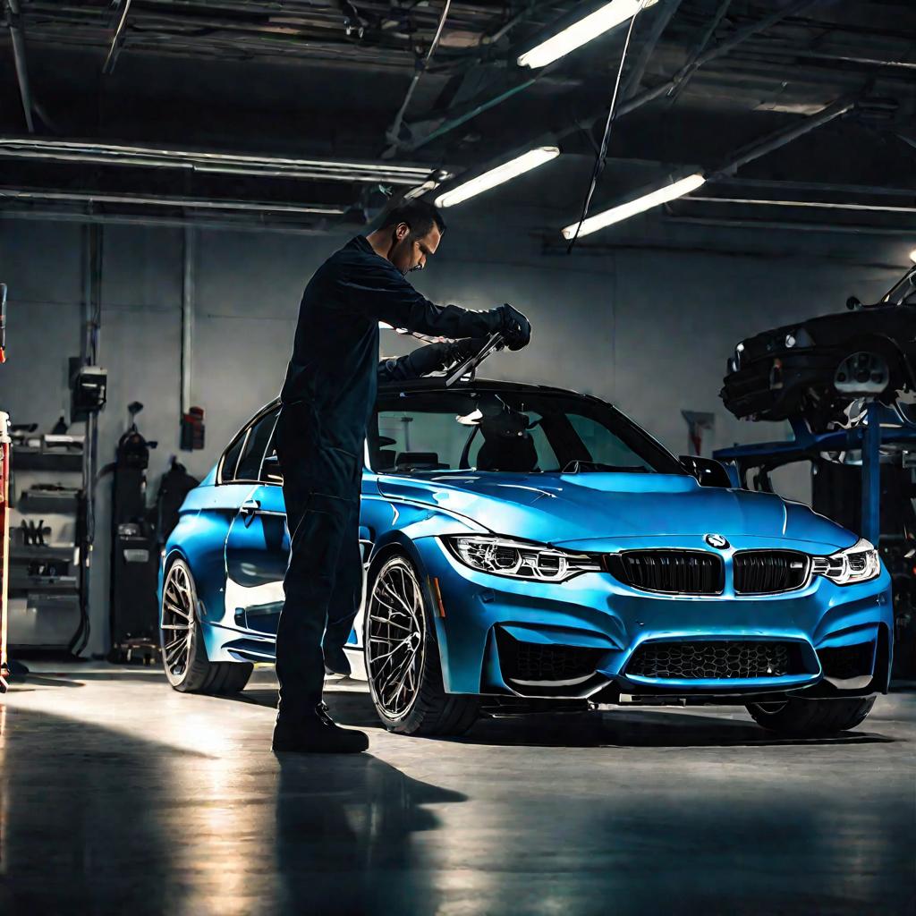 Механик обслуживает BMW M3 в сервисе