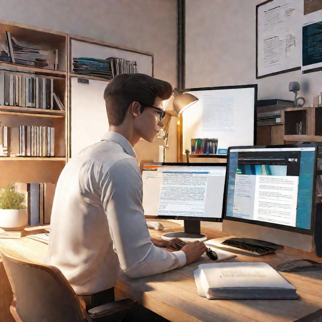 Молодой человек работает на компьютере, классифицируя научную статью.