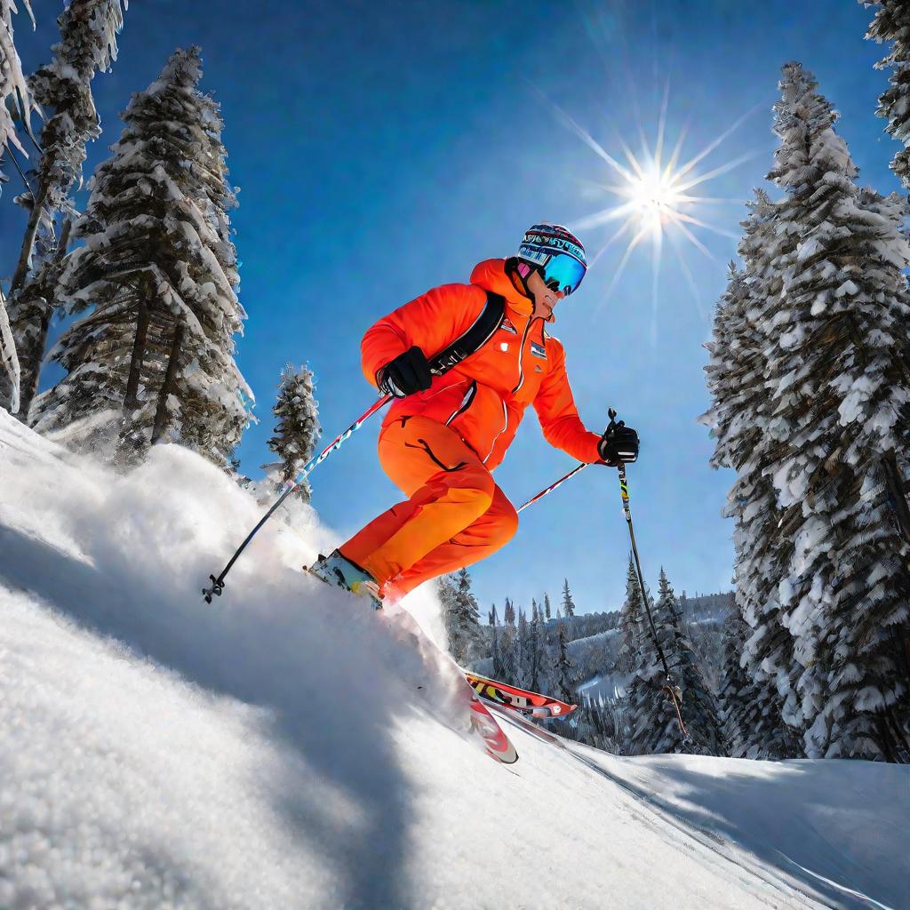 Дерунец Дмитрий катается на лыжах по горному склону