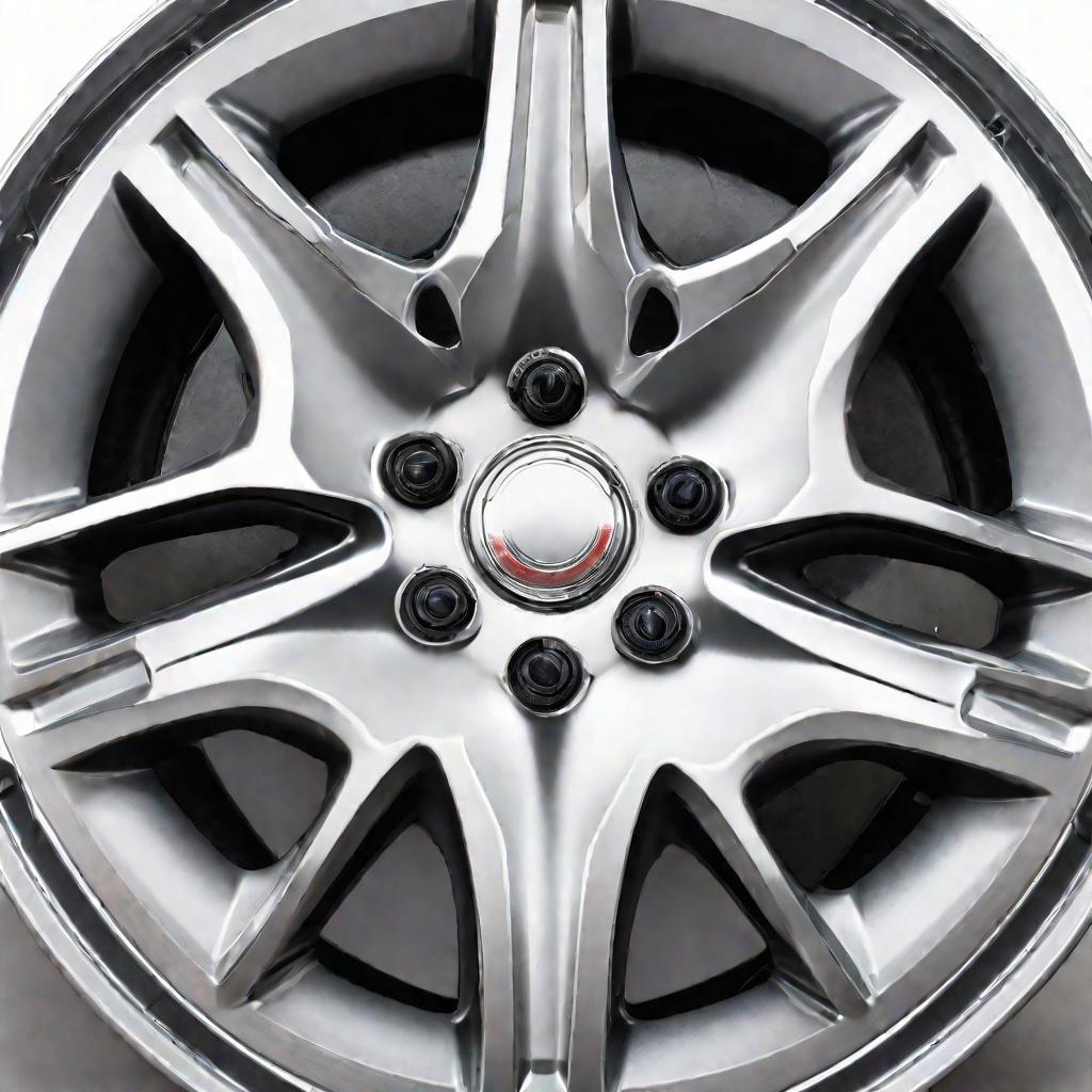 Детальный вид поврежденного алюминиевого колпака колеса с трещинами на белом фоне.