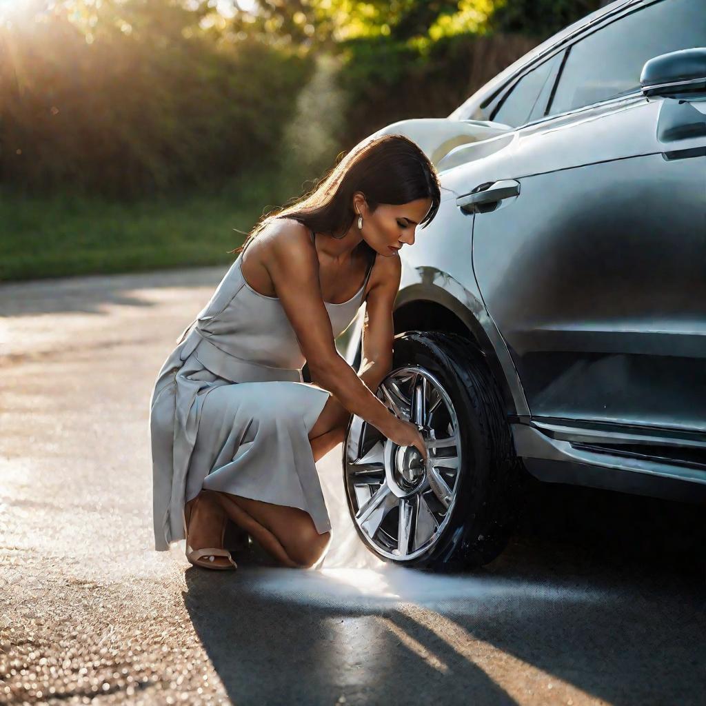 Красивая женщина в стильном платье чистит полированный стальной колпак колеса автомобиля на подъездной дорожке.