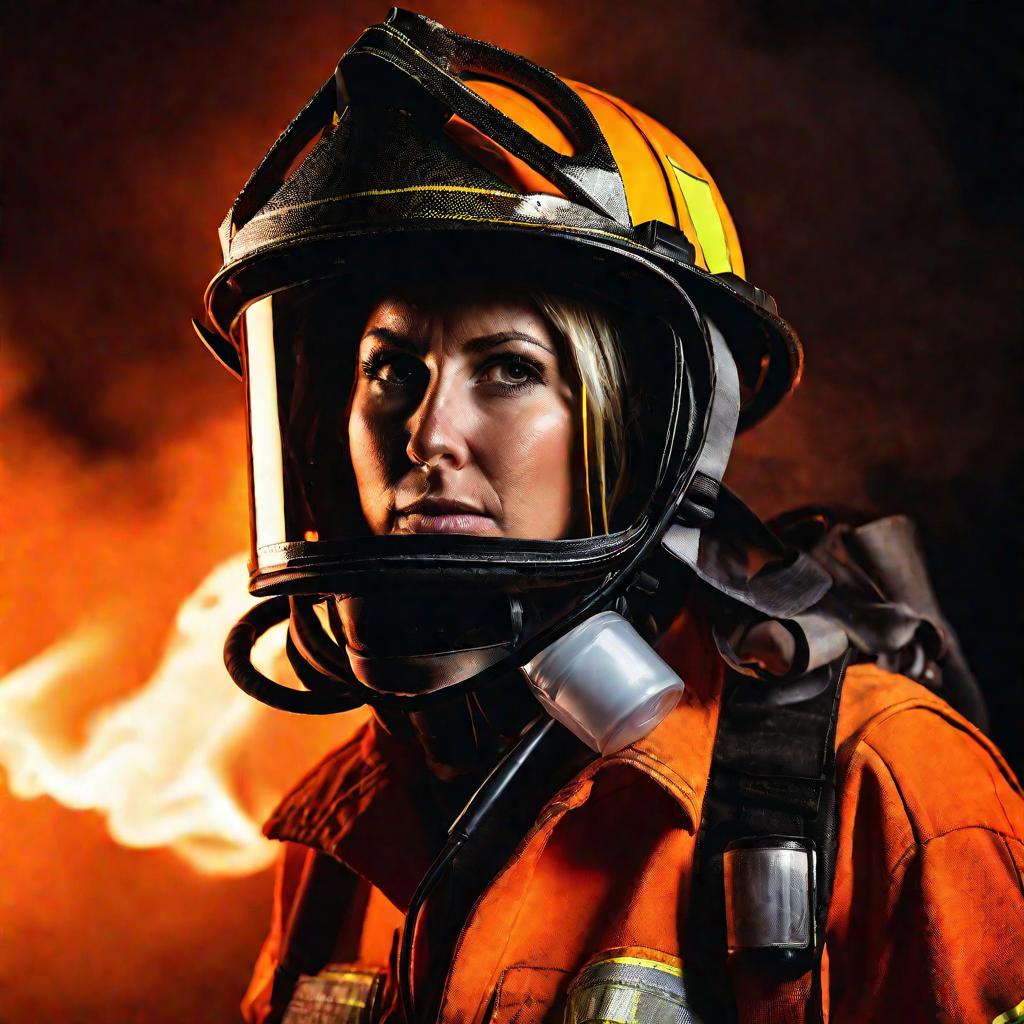 Портрет пожарной в противогазе на фоне пожара