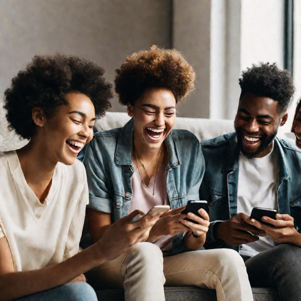 Группа молодых людей смеется, отправляя сообщения на смартфонах.