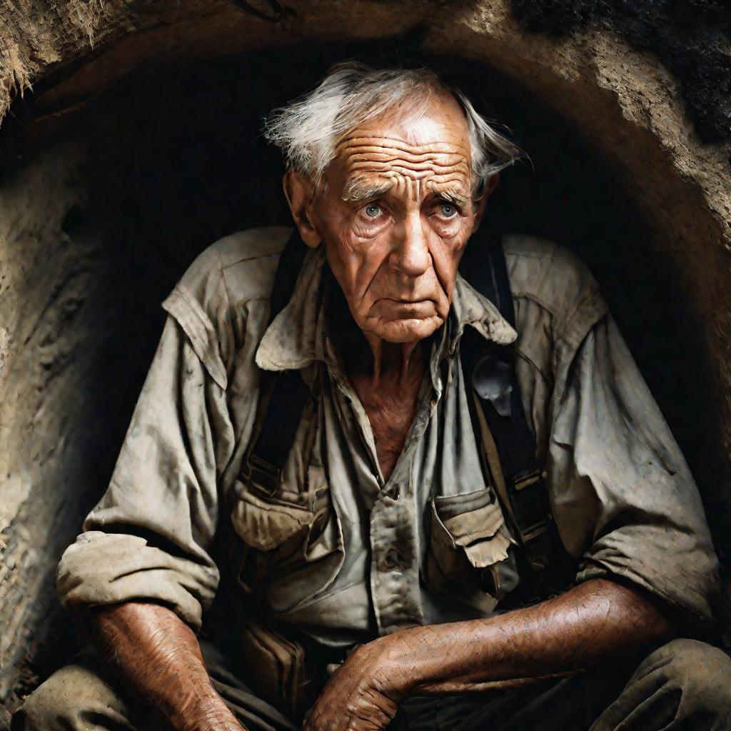 Портрет пожилого мужчины в бомбоубежище с отсутствующим взглядом
