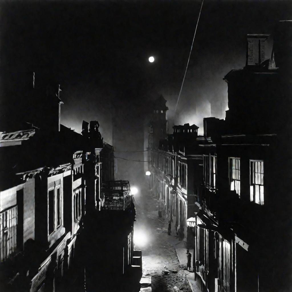 Пустая ночная улица во время бомбежки с силуэтом сирены против прожектора
