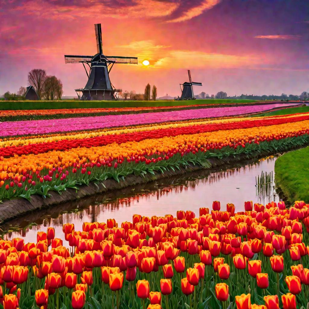 Поля тюльпанов в Голландии на закате
