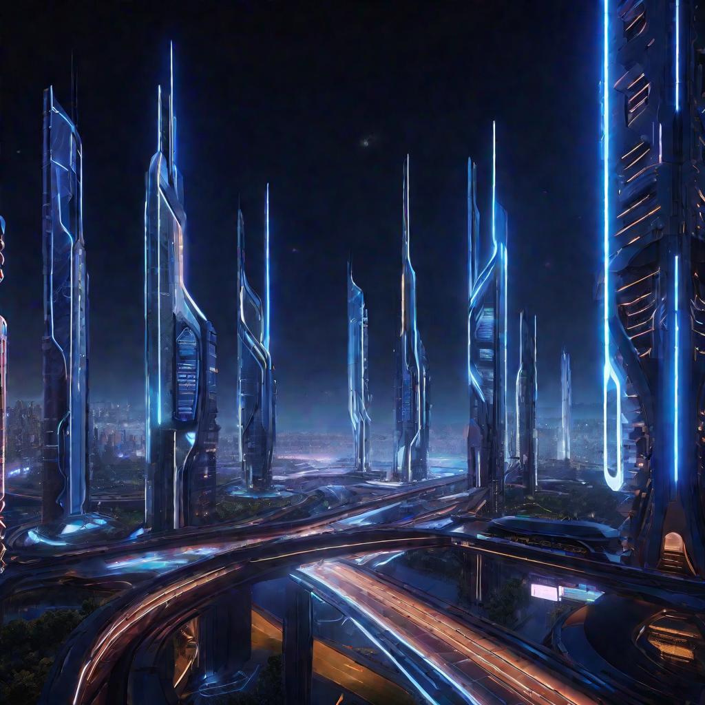 Ночной город будущего с летающими машинами