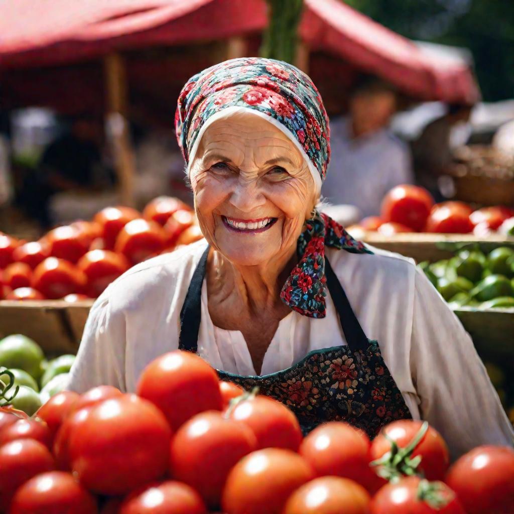 Портрет пожилой женщины в платке и фартуке, рассматривающей большой спелый помидор на прилавке