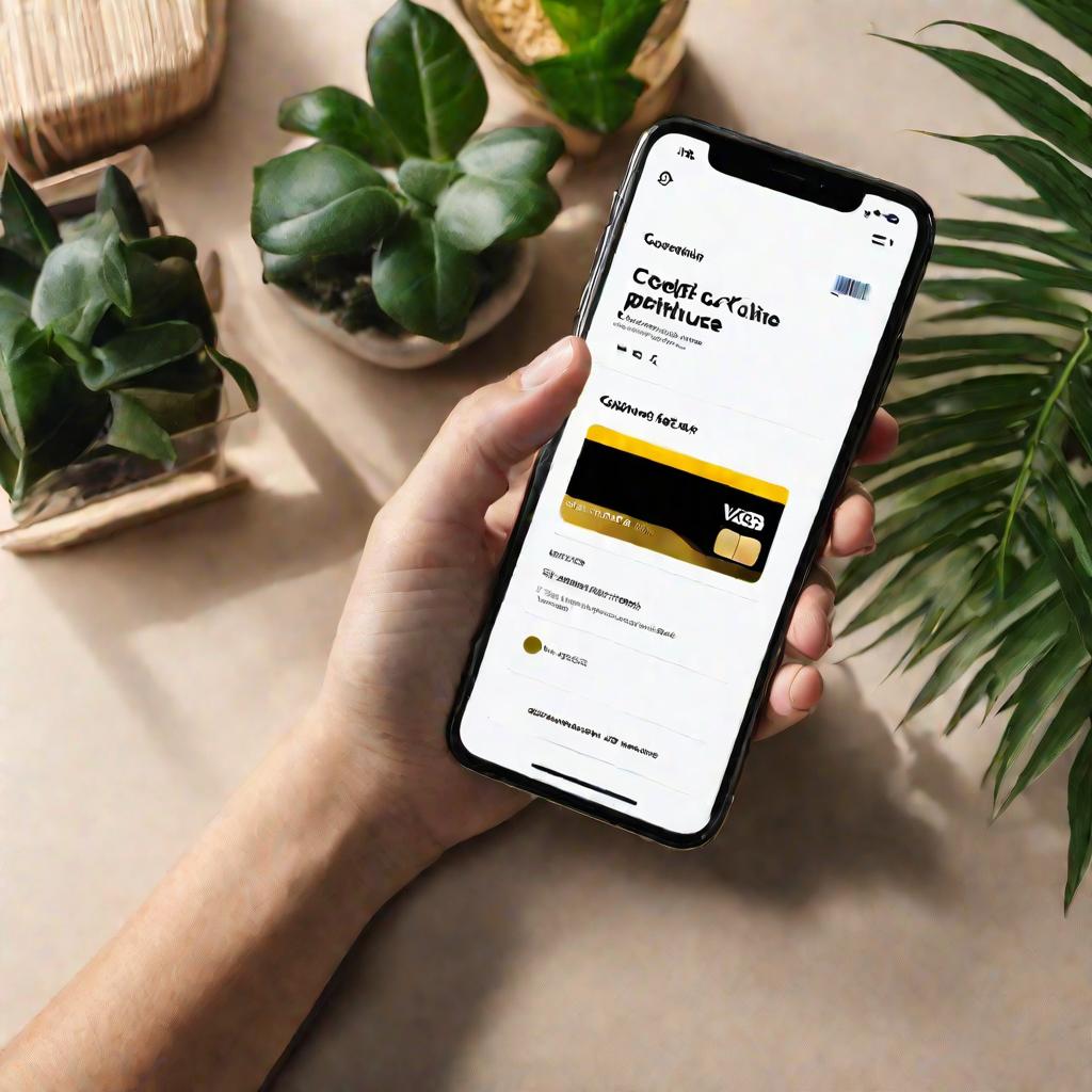 Рука держит кредитную карту над экраном смартфона