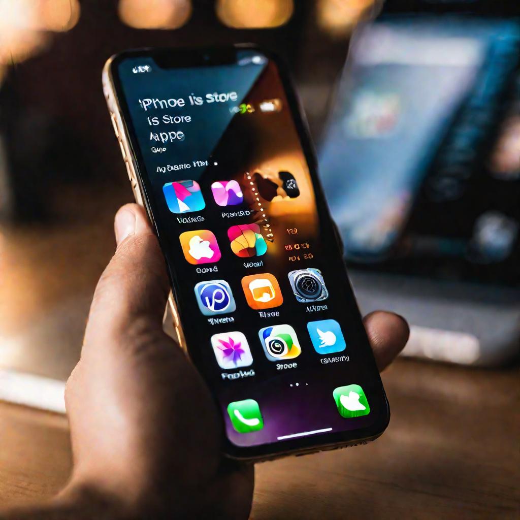 Крупным планом кисть руки, держащая айфон с открытым приложением App Store. Телефон наклонен, экран направлен прямо на камеру. Иконки приложений и текст ярко отражаются на глянцевом экране. Фон мягко размыт. Освещение теплое и драматичное, создает кинемат