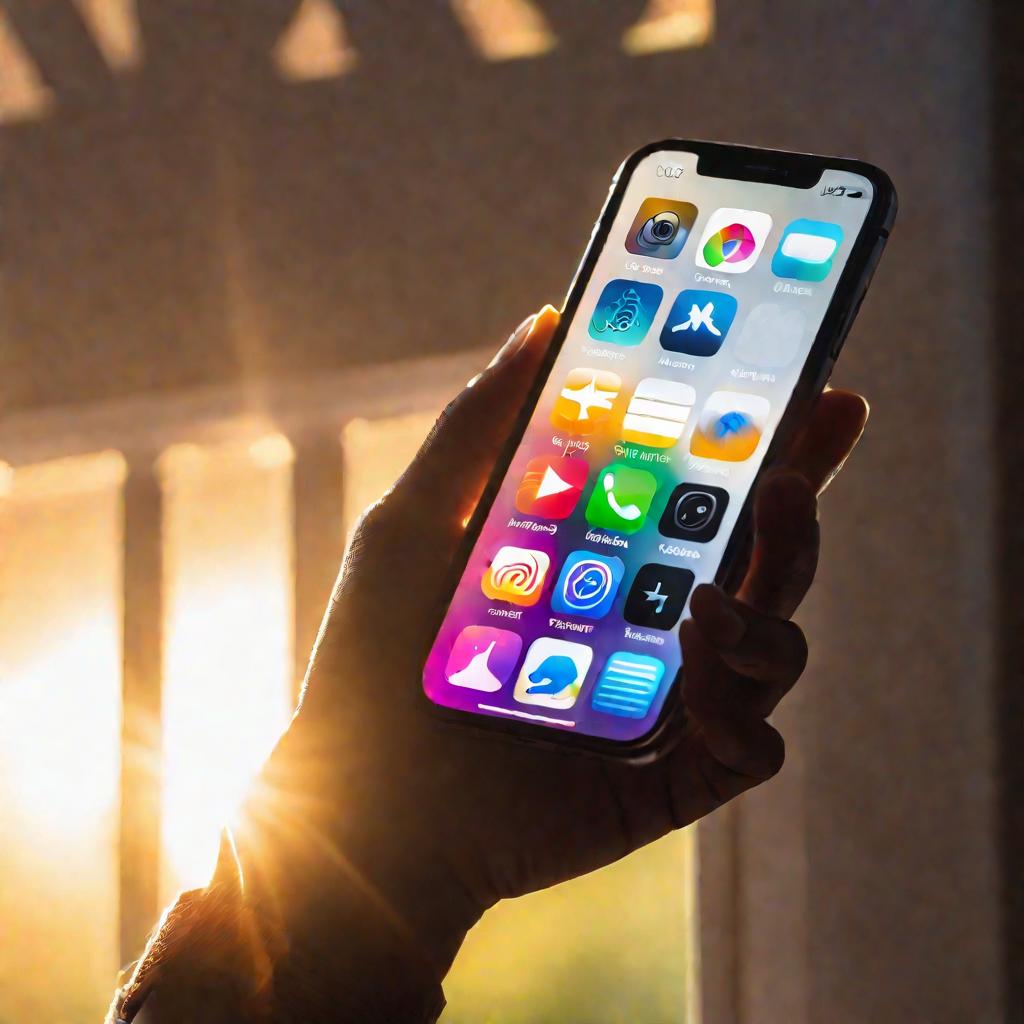 Вид снизу на руку, держащую айфон с открытым приложением App Store, на экране иконки разных приложений. Телефон подсвечен мягким послеполуденным солнцем из окна. Пылинки медленно парят в косых солнечных лучах. Настроение спокойное и оптимистичное.