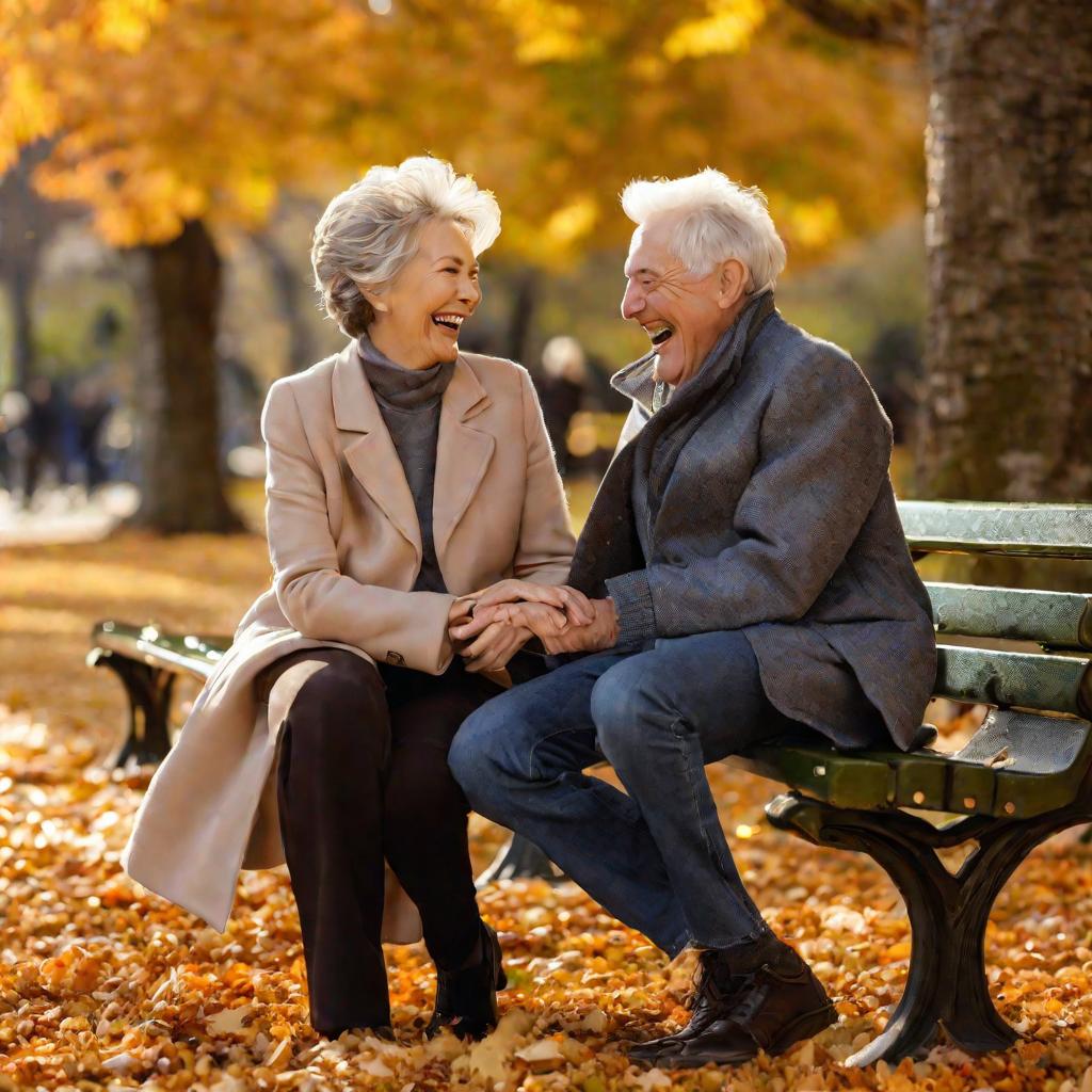 Пожилая пара смеется на скамейке в парке