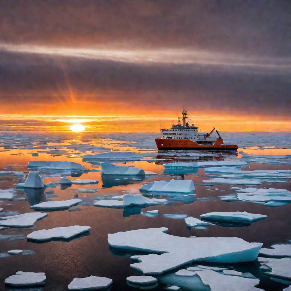 Широкий вид на научно-исследовательское судно, плывущее сквозь льдины в Арктическом океане на рассвете.