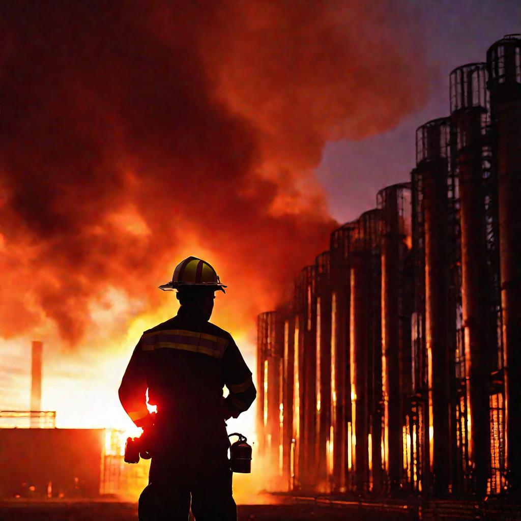 Пожарный тушит пожар на закате возле промышленного склада