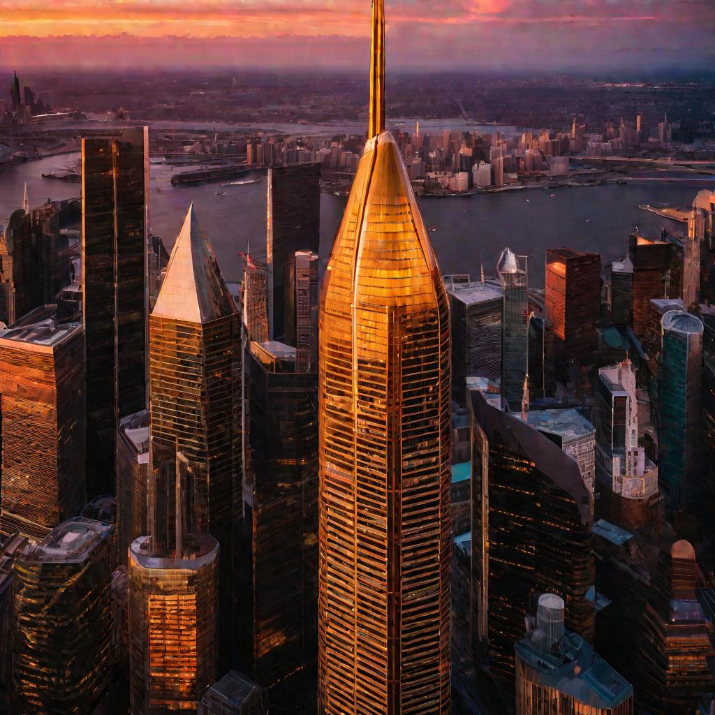 Впечатляющий вид сверху на современное стеклянное здание-небоскреб, возвышающееся над финансовым районом оживленного города на закате.