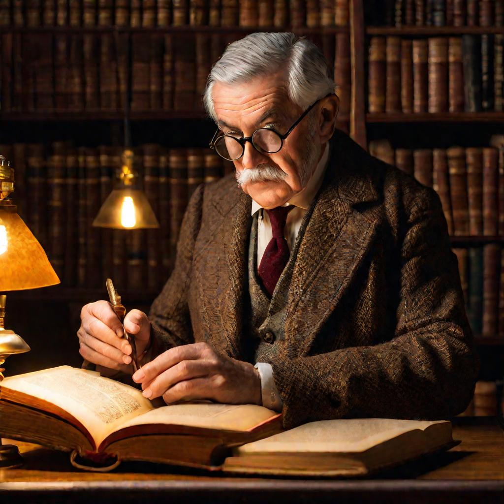 Пожилой профессор читает старую книгу в теплом свете библиотеки