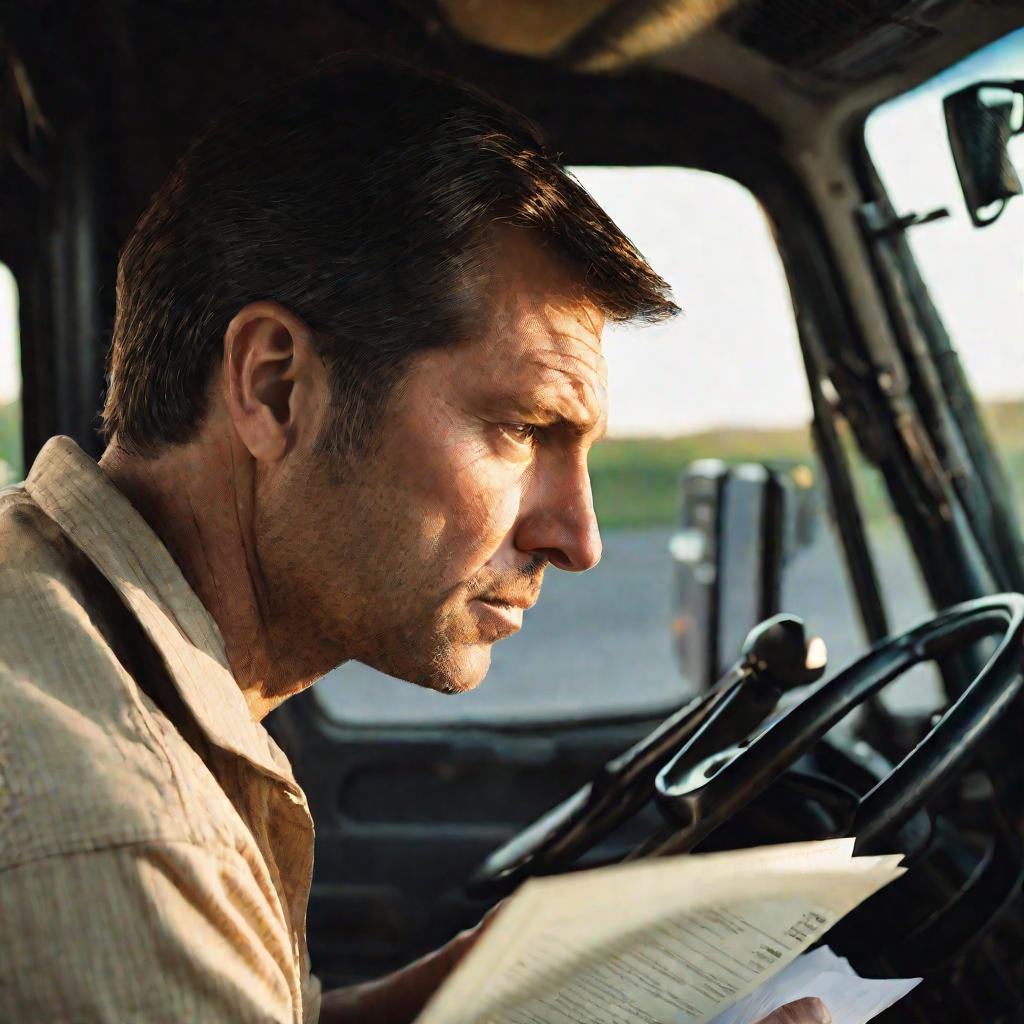 Водитель грузовика проверяет документы