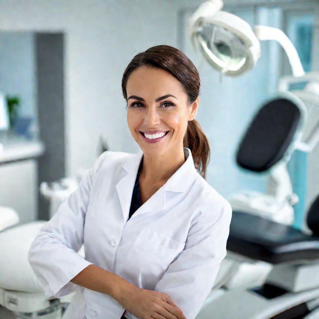 Крупный портрет дружелюбной женщины-стоматолога в белом халате, тепло улыбающейся в камеру. Она стоит в светлом современном стоматологическом кабинете с высокотехнологичным оборудованием. Мягкий натуральный свет освещает ее доброе лицо.