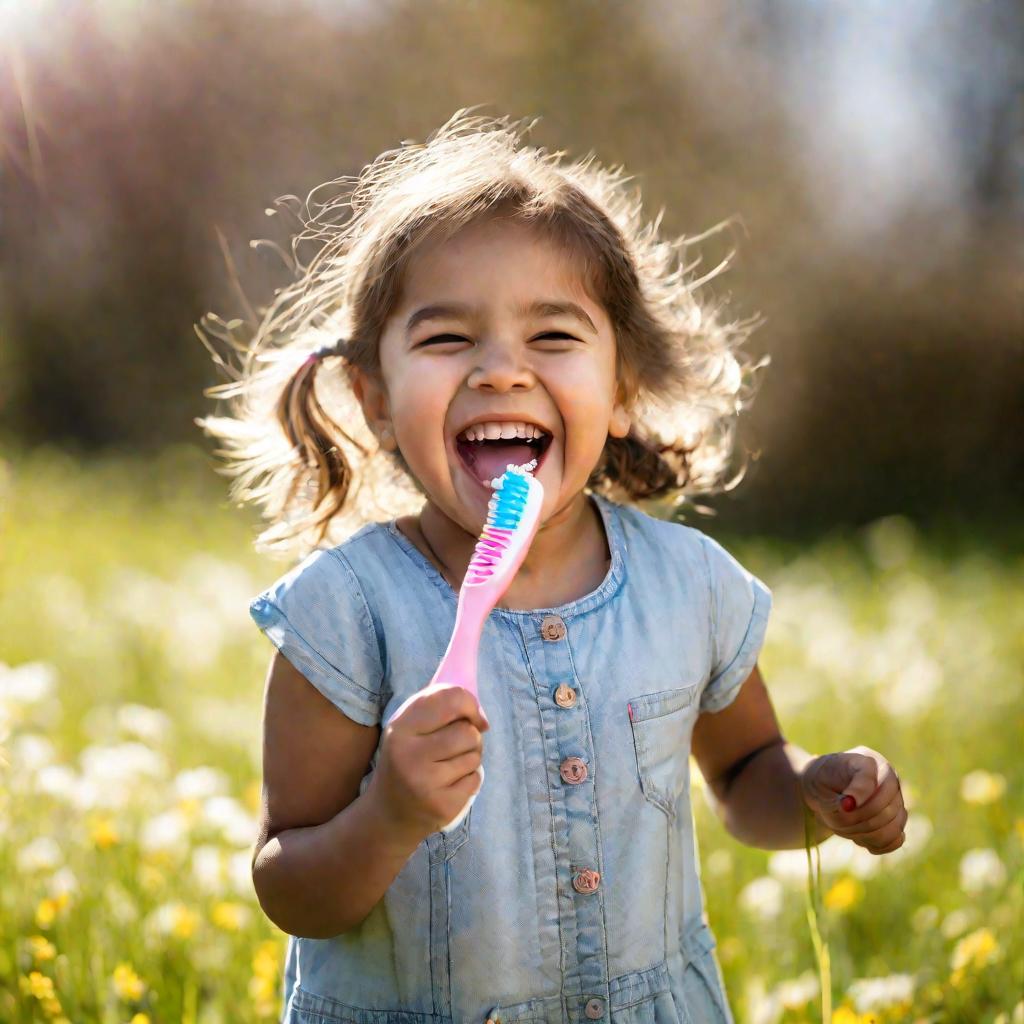 Девочка с брекетами счастливо смеется на улице в солнечный весенний день, держа игрушечную зубную щетку. Мелкая глубина резкости фокусируется на ее ярком жизнерадостном выражении лица.