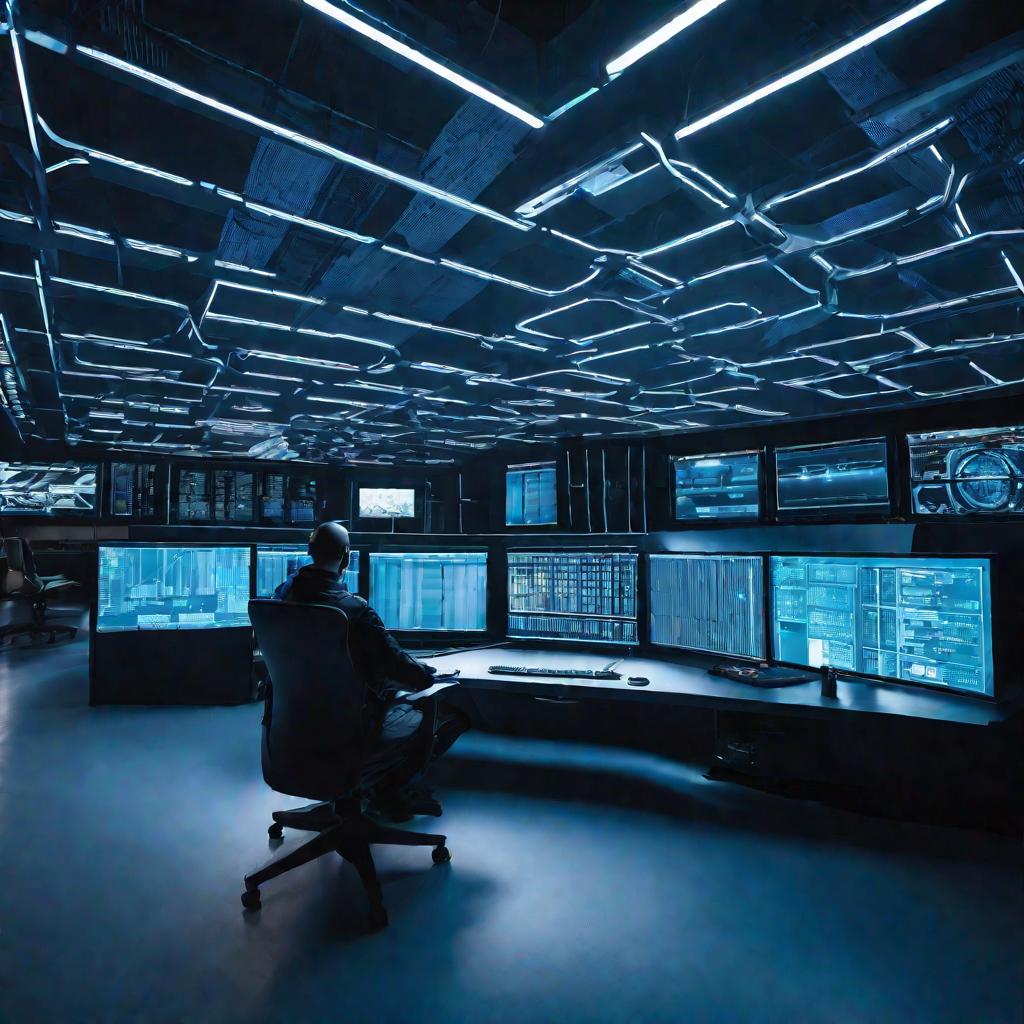 Широкий обзорный кадр электротехнического помещения управления в холодном синем свете мониторов