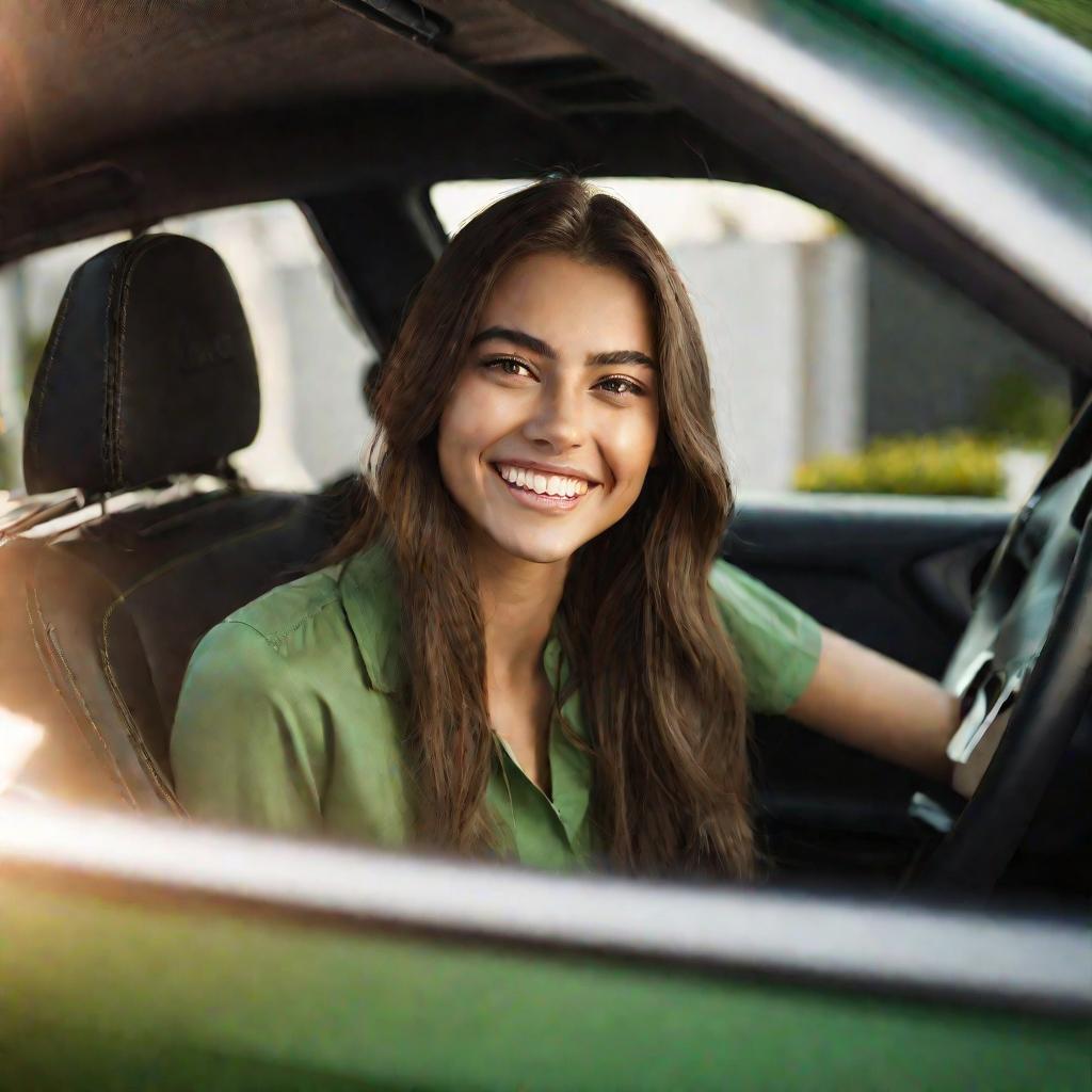 Водительница машины улыбается сидя за рулем после получения скидки по карте лояльности Лукойл