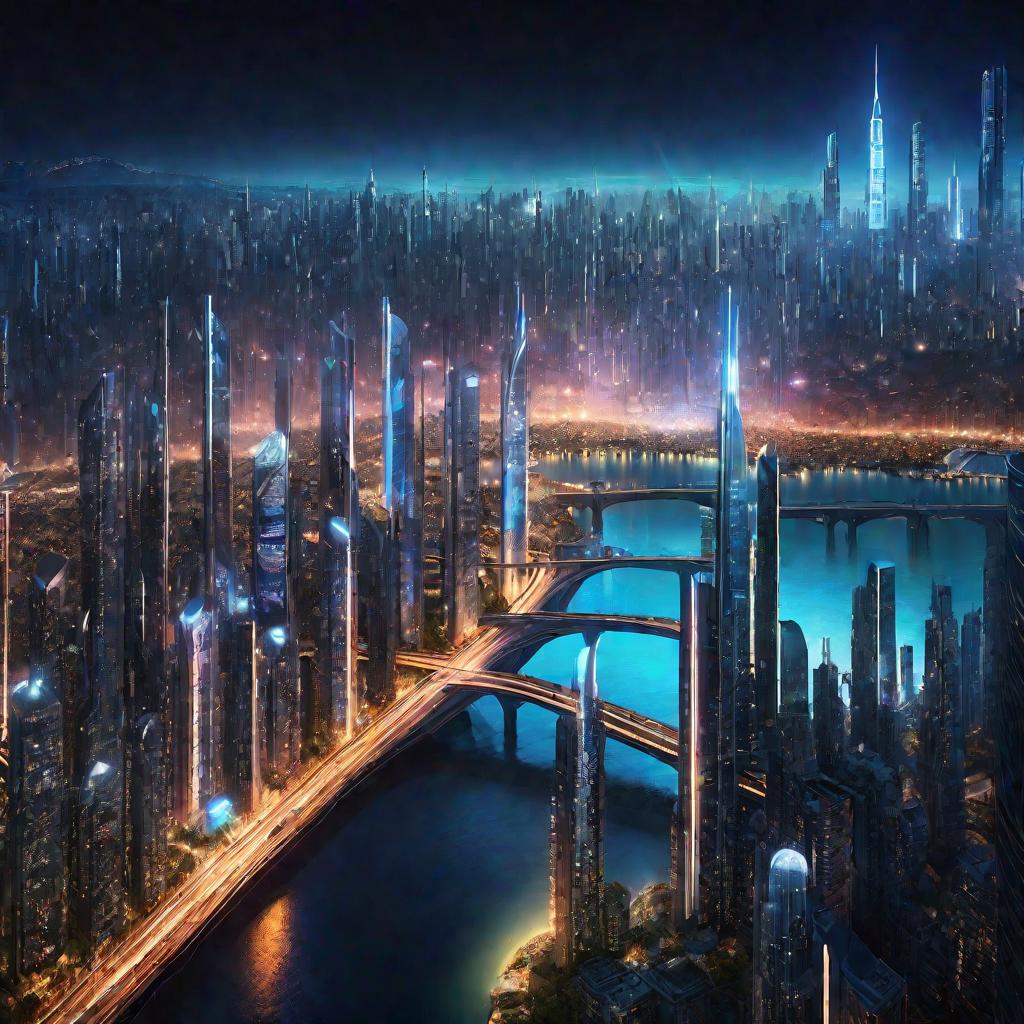 Ночной городской пейзаж будущего с транспортом, управляемым акселерометрами.