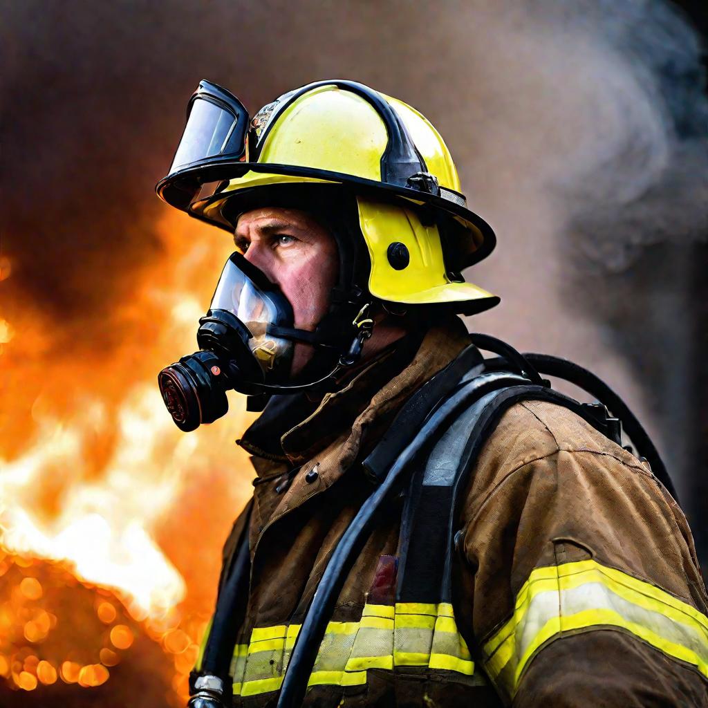 Портрет пожарного в средствах защиты с пожарным рукавом в руках.
