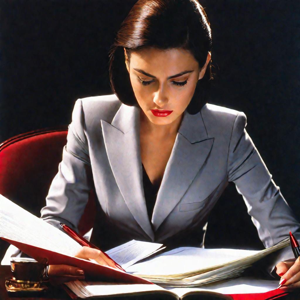 Крупный портрет женщины в деловом костюме, изучающей документы с сосредоточенным выражением лица при драматичном фронтальном освещении на темном нейтральном фоне. Она внимательно изучает бумаги, нахмурив брови и держа в руке красную ручку.