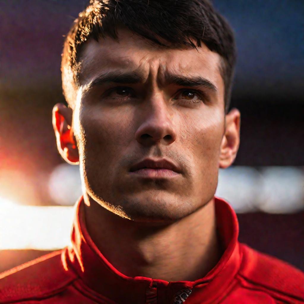 Молодой спортсмен в красной куртке сосредоточенно смотрит вдаль на рассвете