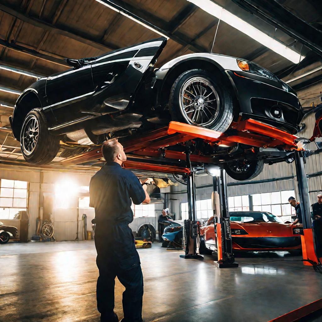 Широкий план механика, работающего под поднятым спортивным автомобилем на подъемнике в занятом гараже.