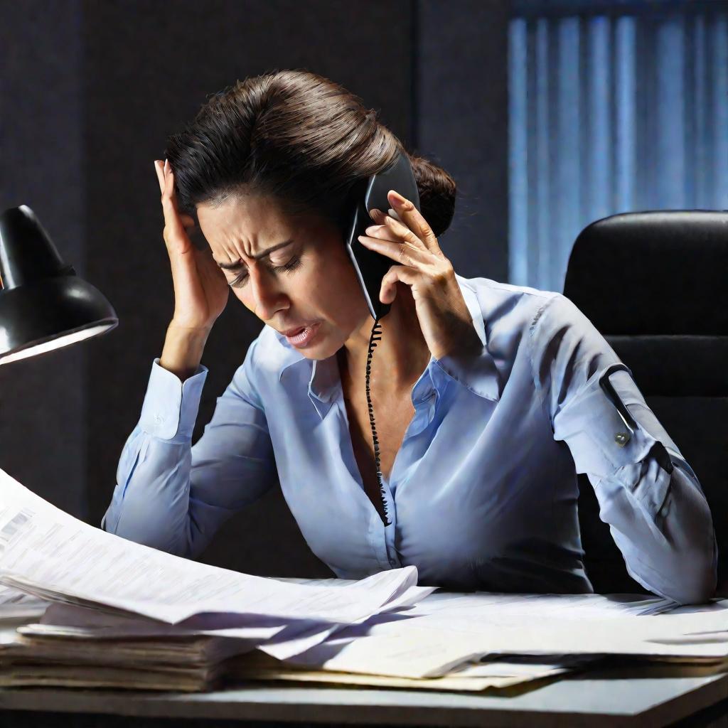 Женщина с беспокойным выражением лица и разложенными на столе документами ведет напряженный телефонный разговор в слабо освещенном офисе.