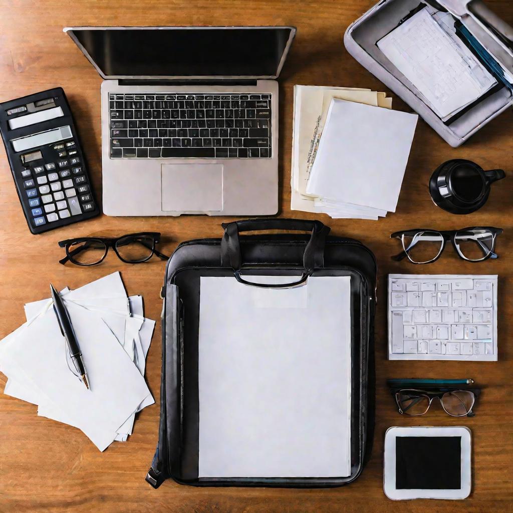 Вид сверху на открытый портфель на столе, в котором аккуратно разложены стопки бумаг, папки, калькулятор, ручка и ноутбук.