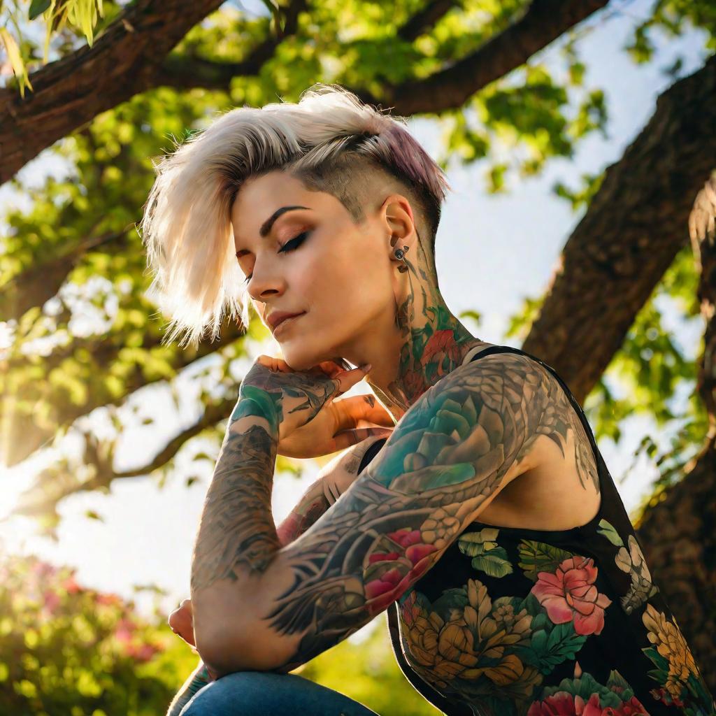 Девушка с татуировкой на руке в парке