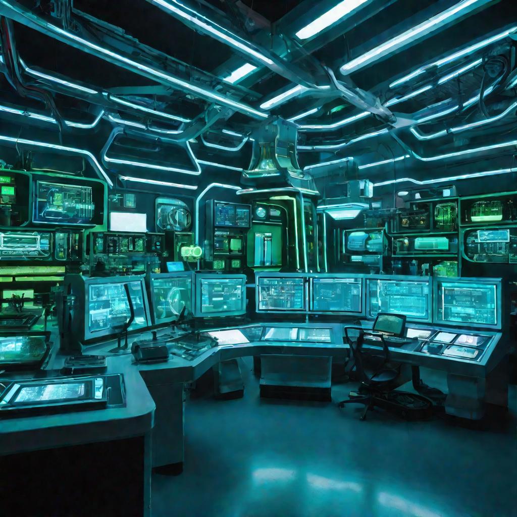 Широкий кадр футуристической лаборатории, наполненной высокотехнологичным оборудованием вроде голографических экранов, светящихся пробирок и парящих панелей управления. Драматичная неоновая подсветка голубым и зеленым светом освещает замысловатую, детализ