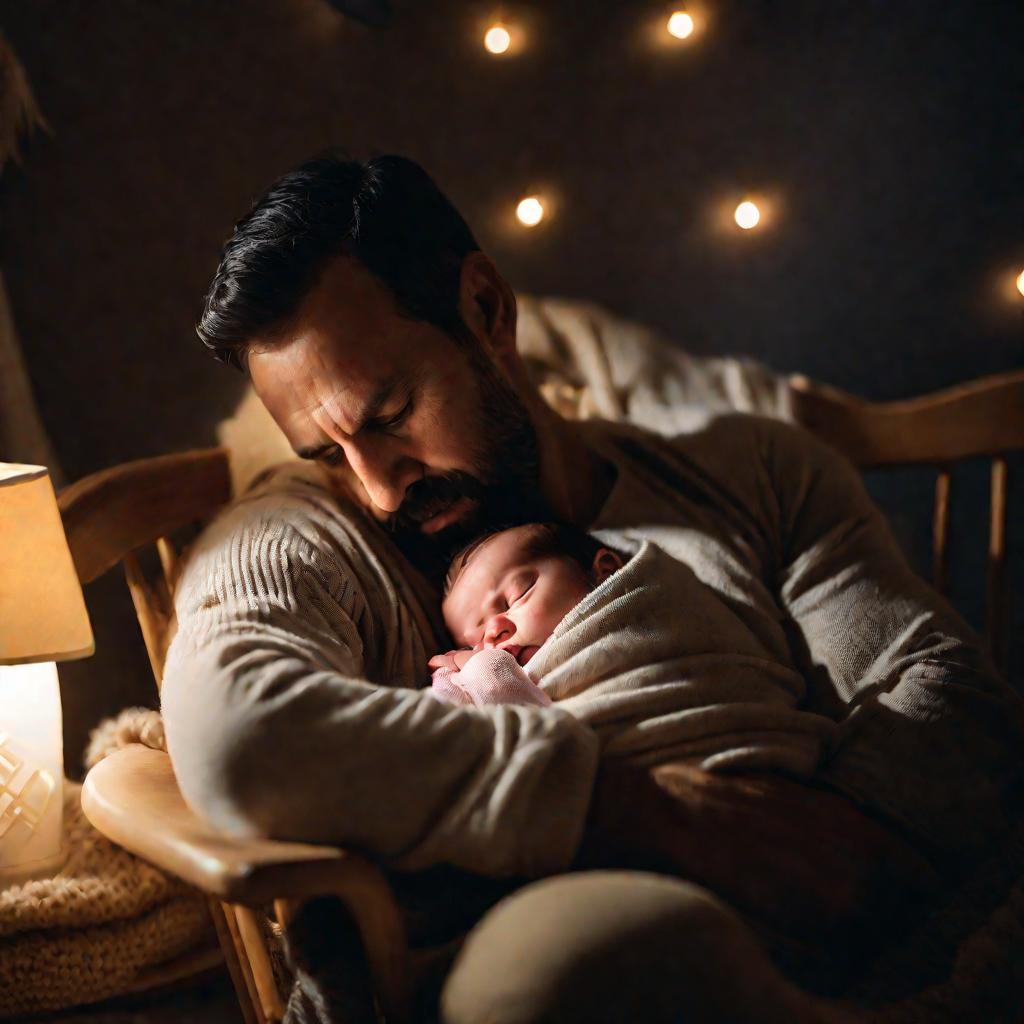 Портрет уставшего отца, держащего на руках спящего ребенка в детской комнате поздно ночью при мягком свете.